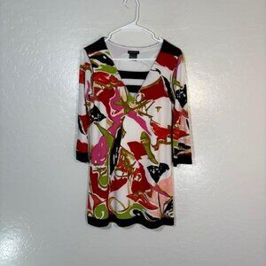 Eva Varro Tunic Shirt Womens Small Abstract Print V Neck 3/4 Sleeve Made USA